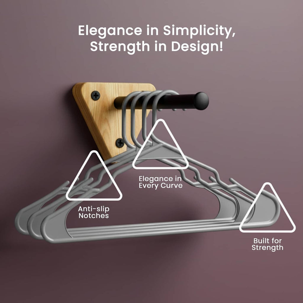 Gray plastic hangers set on wall rail, anti-slip notches and sturdy design
