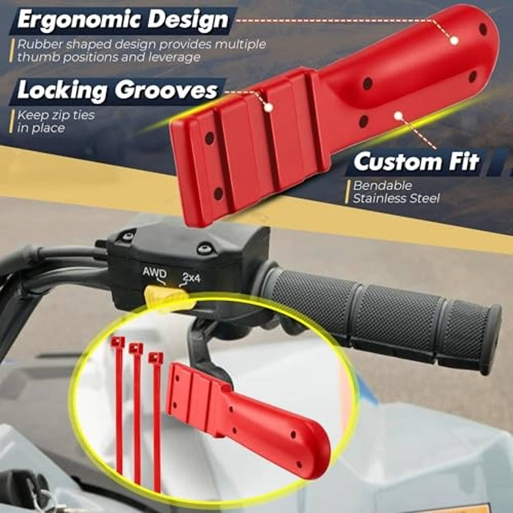 Red thumb throttle extender with locking grooves for zip ties on ATV handlebar