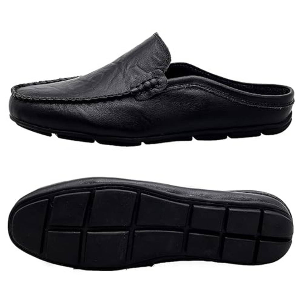 Black leather mule clog slipper with stitched strap and textured upper pattern