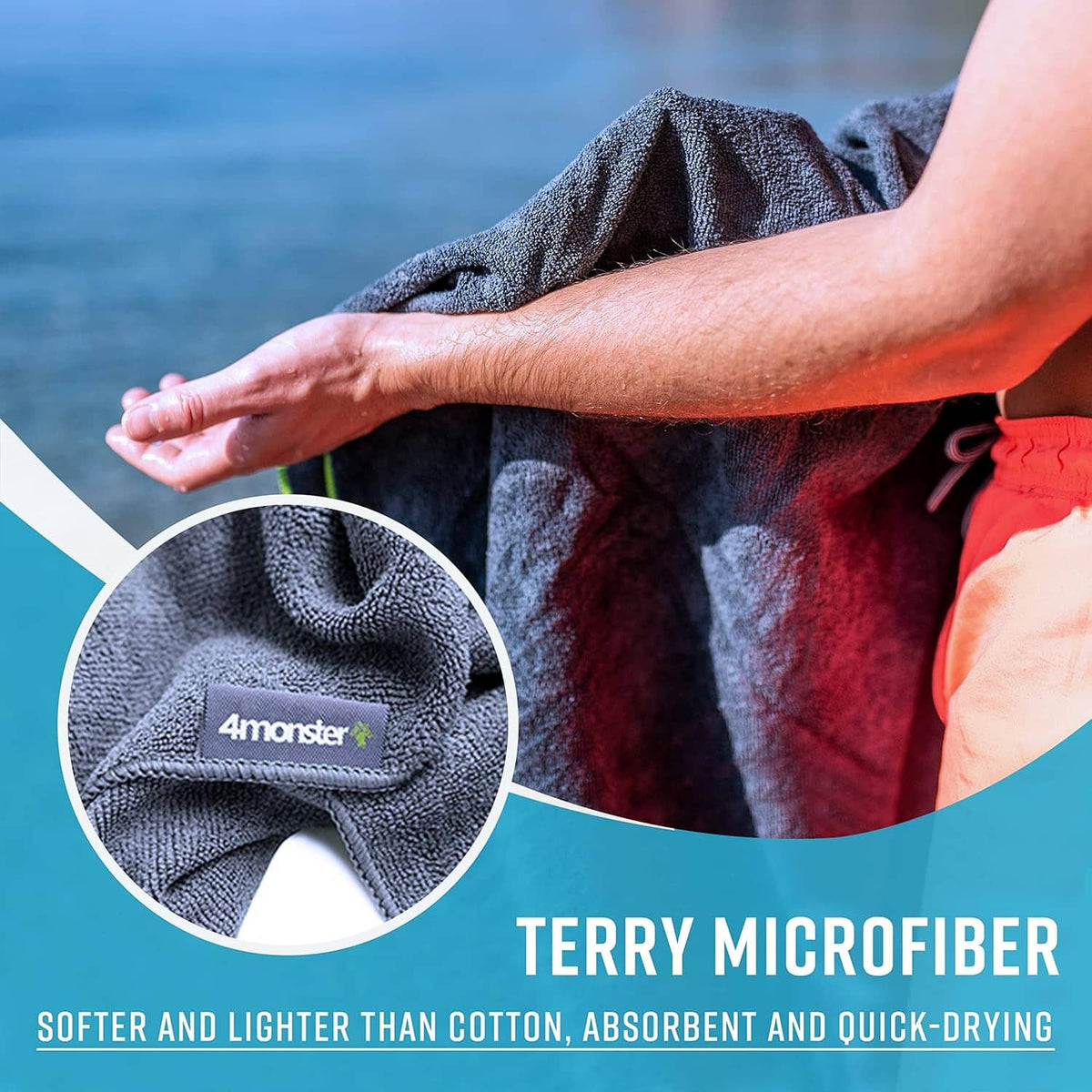 Gray terry microfiber towel being dried with neon green and black edge trim detail