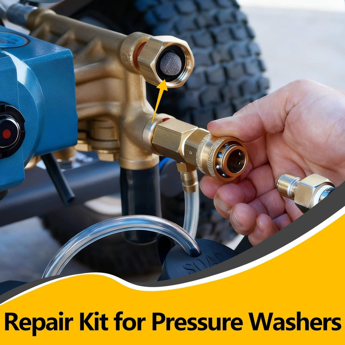 Brass pressure washer quick-connect fitting with O-ring gasket held in hand
