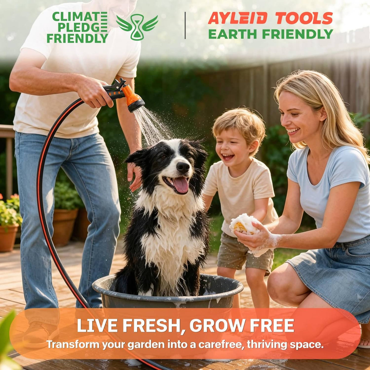 Garden hose nozzle spraying water from a retractable hose reel for outdoor use