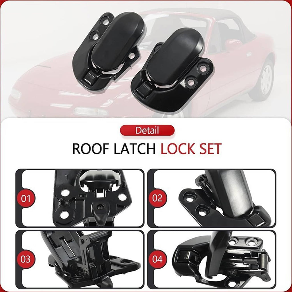 Pair of black soft-top roof latch locks shown installed on a convertible frame