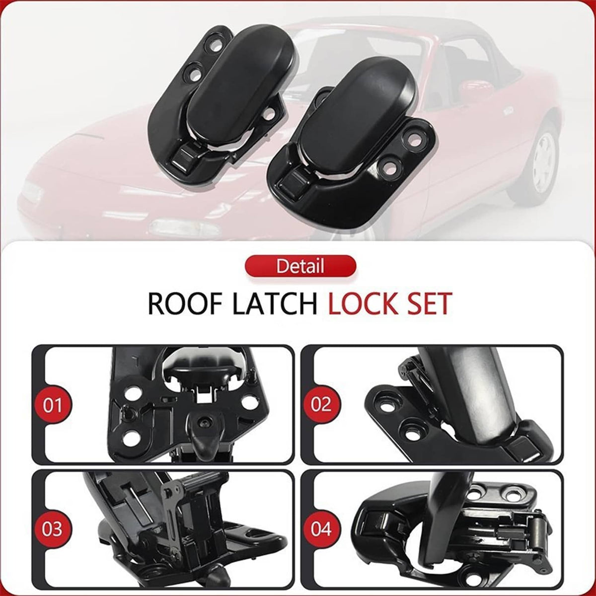 Pair of black soft-top roof latch locks shown installed on a convertible frame