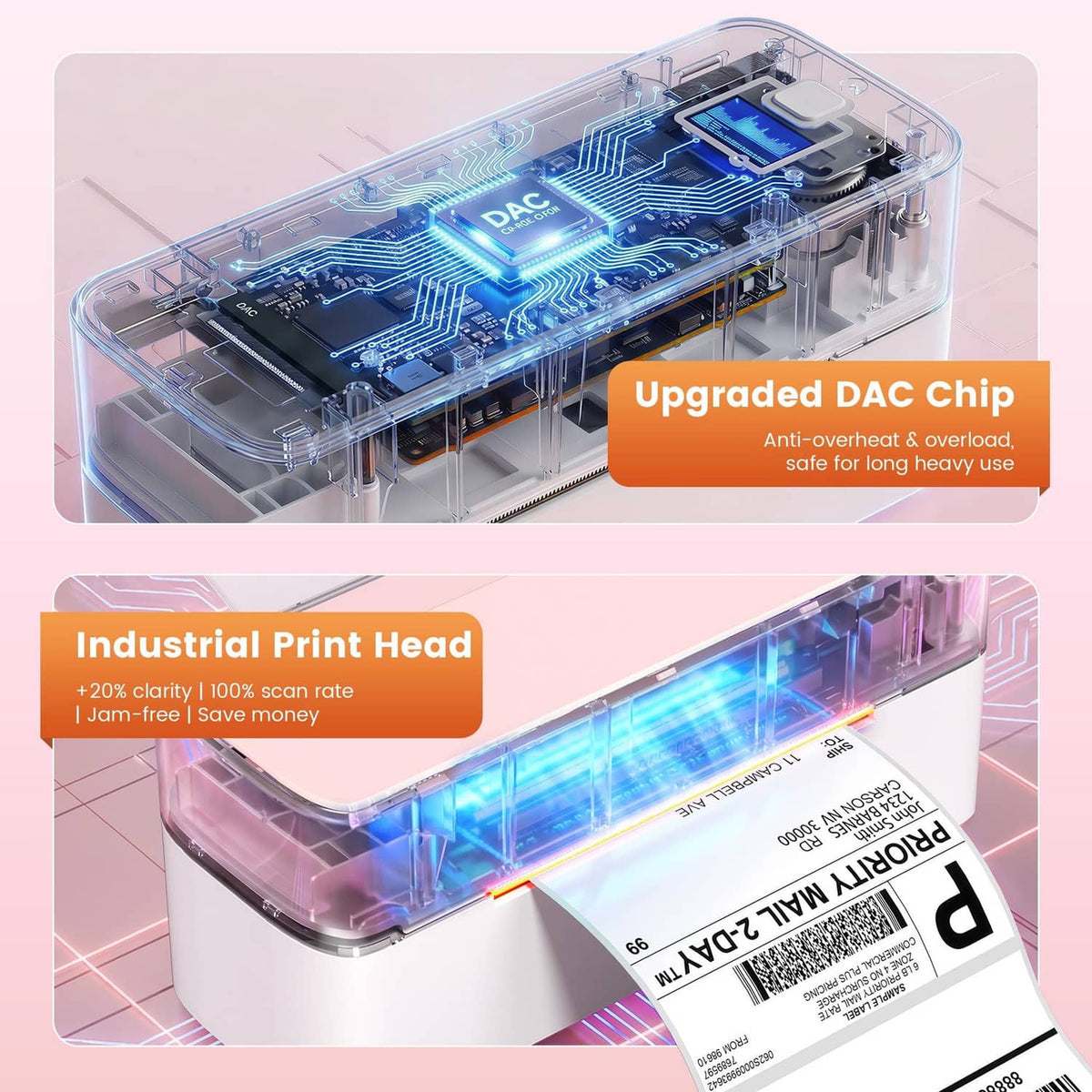 Open internal view of a label printer with circuit board and printhead