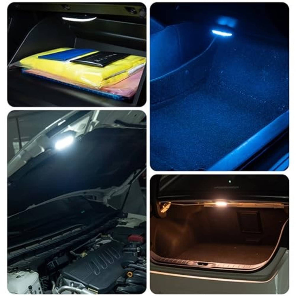 Wireless LED car dome light shining in car trunk and engine bay