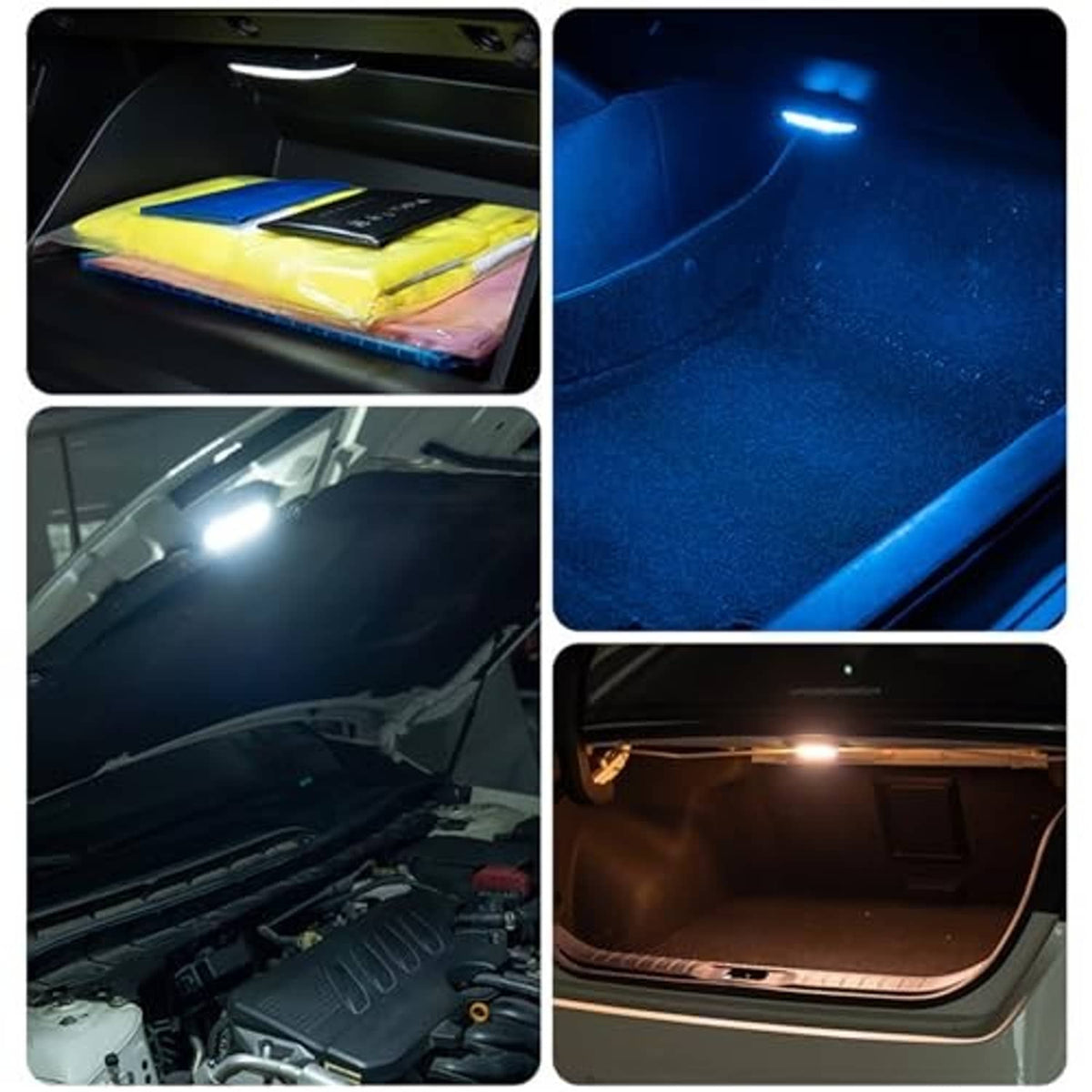 Wireless LED car dome light shining in car trunk and engine bay