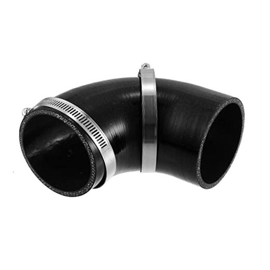 Black 90-degree silicone reducer hose, 76mm (3 in) with metal clamp