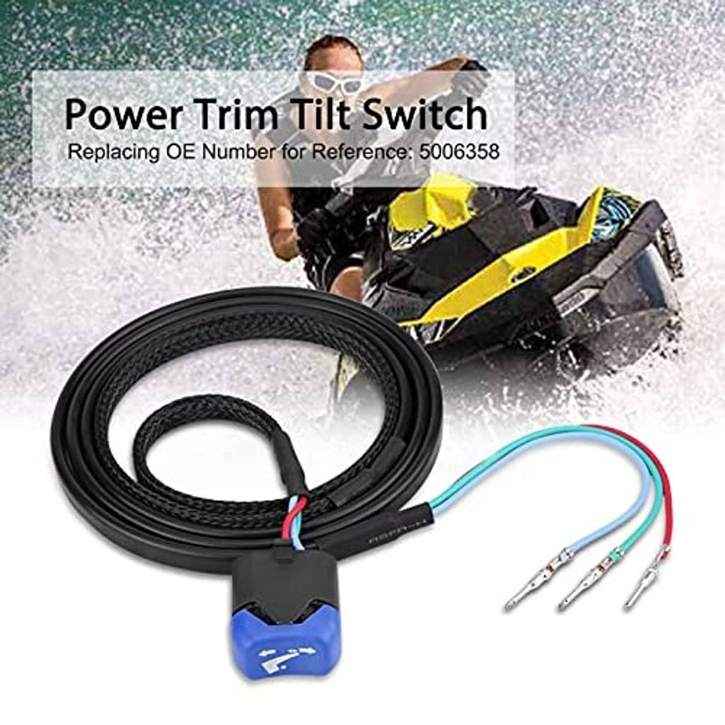 Power trim tilt switch wire harness kit with black coiled cable, blue switch, color-coded leads