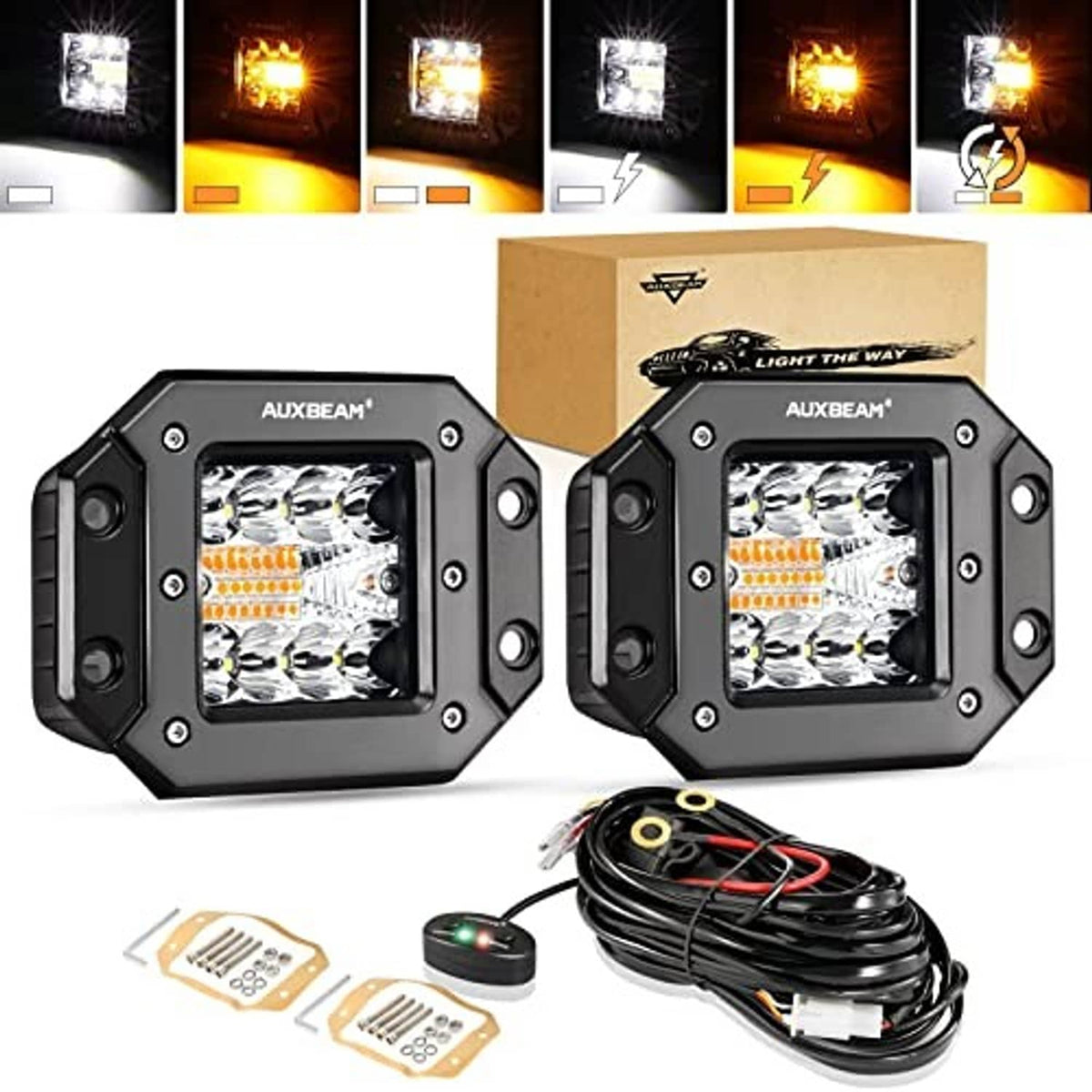 Two black 5-inch LED pod lights with front mounting brackets and included wiring set