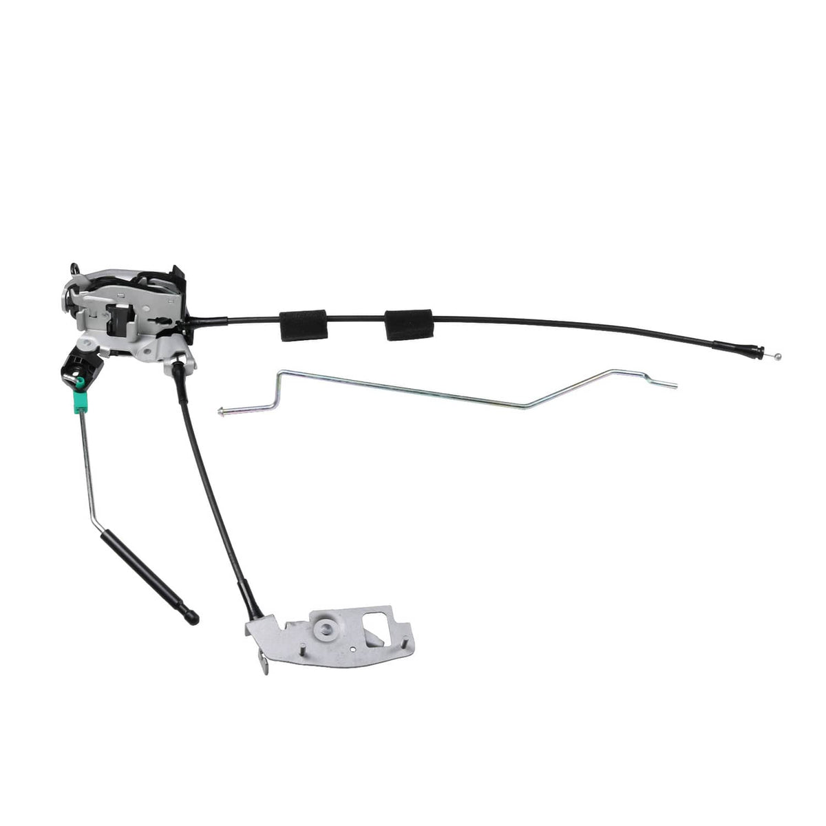 Rear cargo door latch assembly with black cable harness and metal link bars, right side