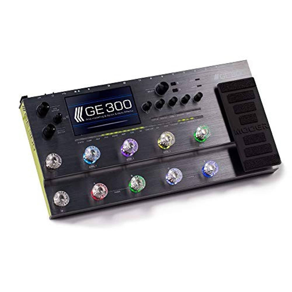 Guitar effects pedal with clear mushroom-shaped footswitch toppers on control switches
