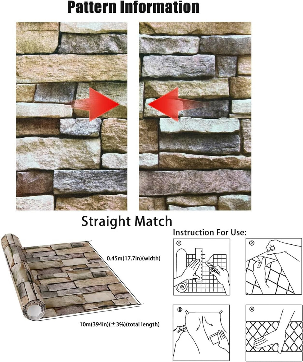 Roll of stone brick peel-and-stick wallpaper showing straight match pattern