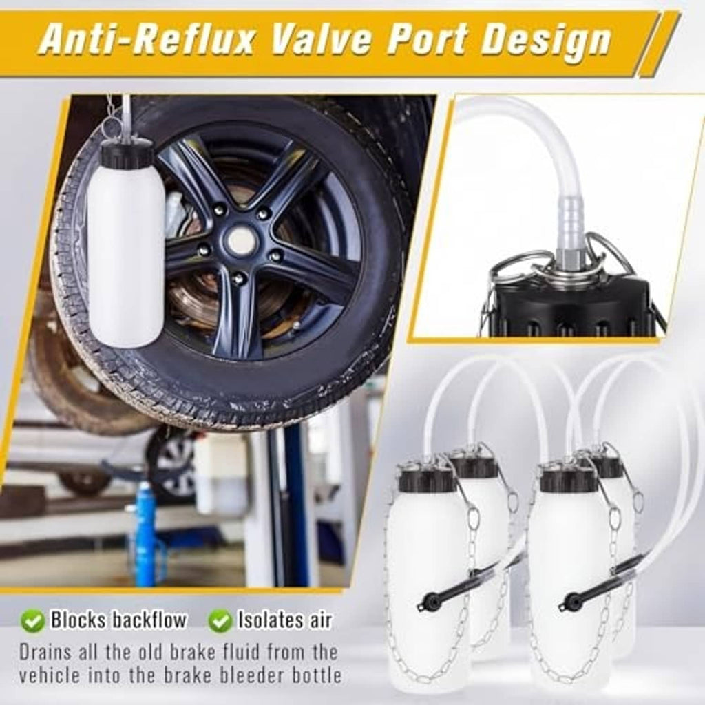 Brake bleeder bottle with anti-reflux valve design and attached tubing for airflow isolation