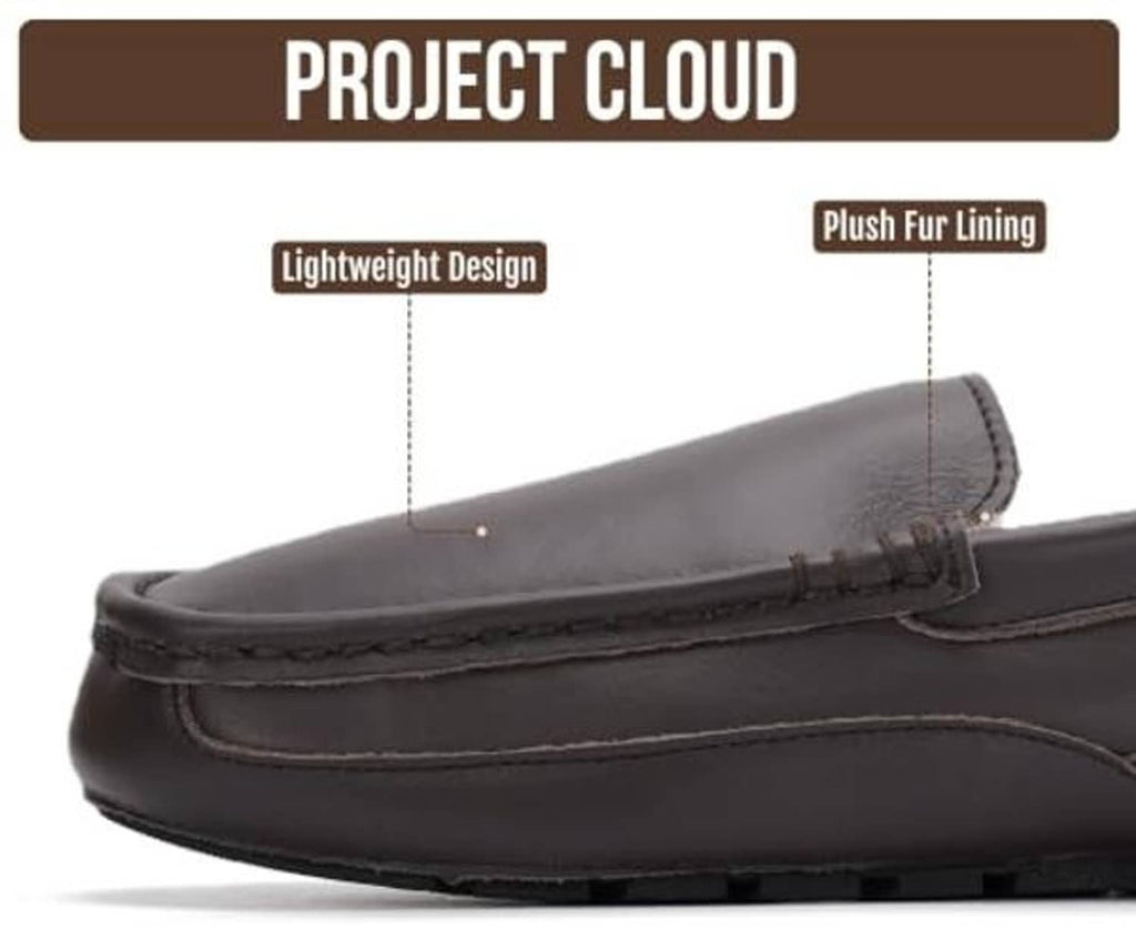 Men's dark brown leather slip-on house shoe with visible plush fur lining cuff
