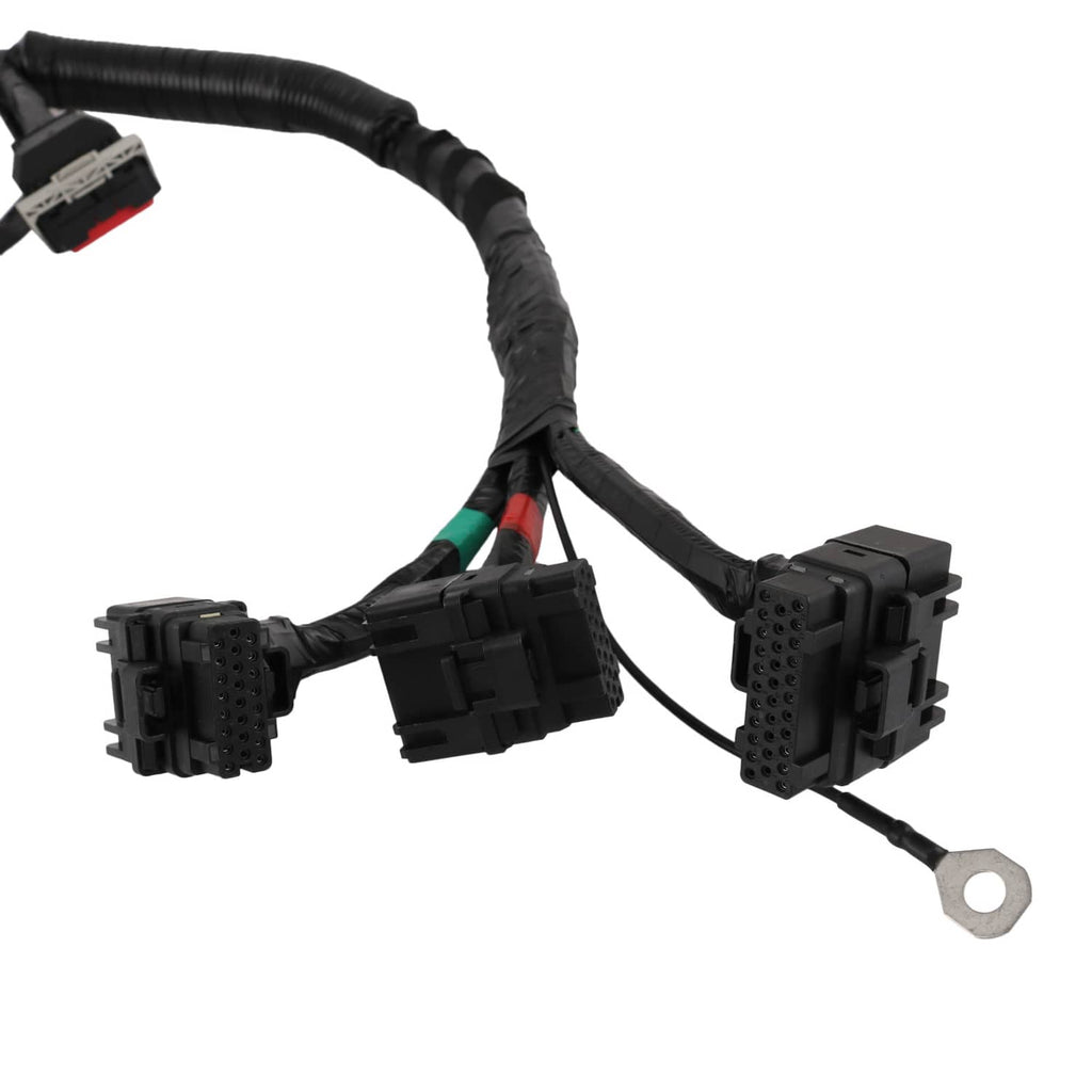Engine wire harness end with multiple black wiring blocks and an attached ring terminal