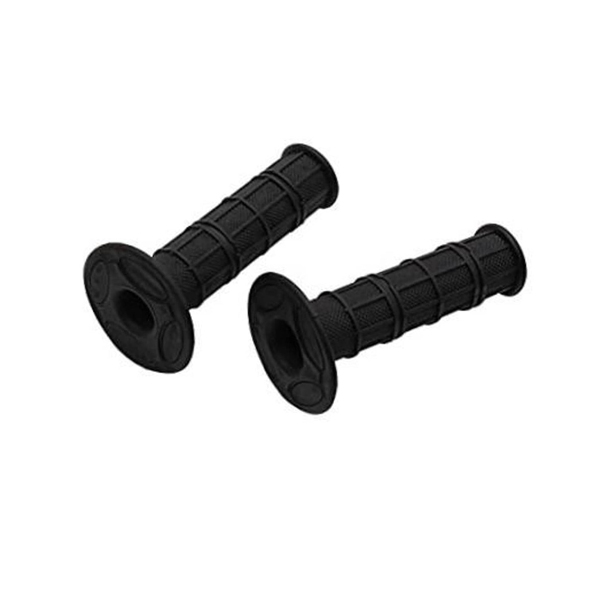 Black rubber motorcycle handlebar grips, textured crosshatch pattern with end caps