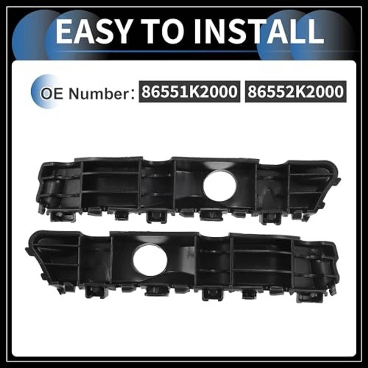 Bumper retainer bracket pair with round holes, black plastic, install-ready