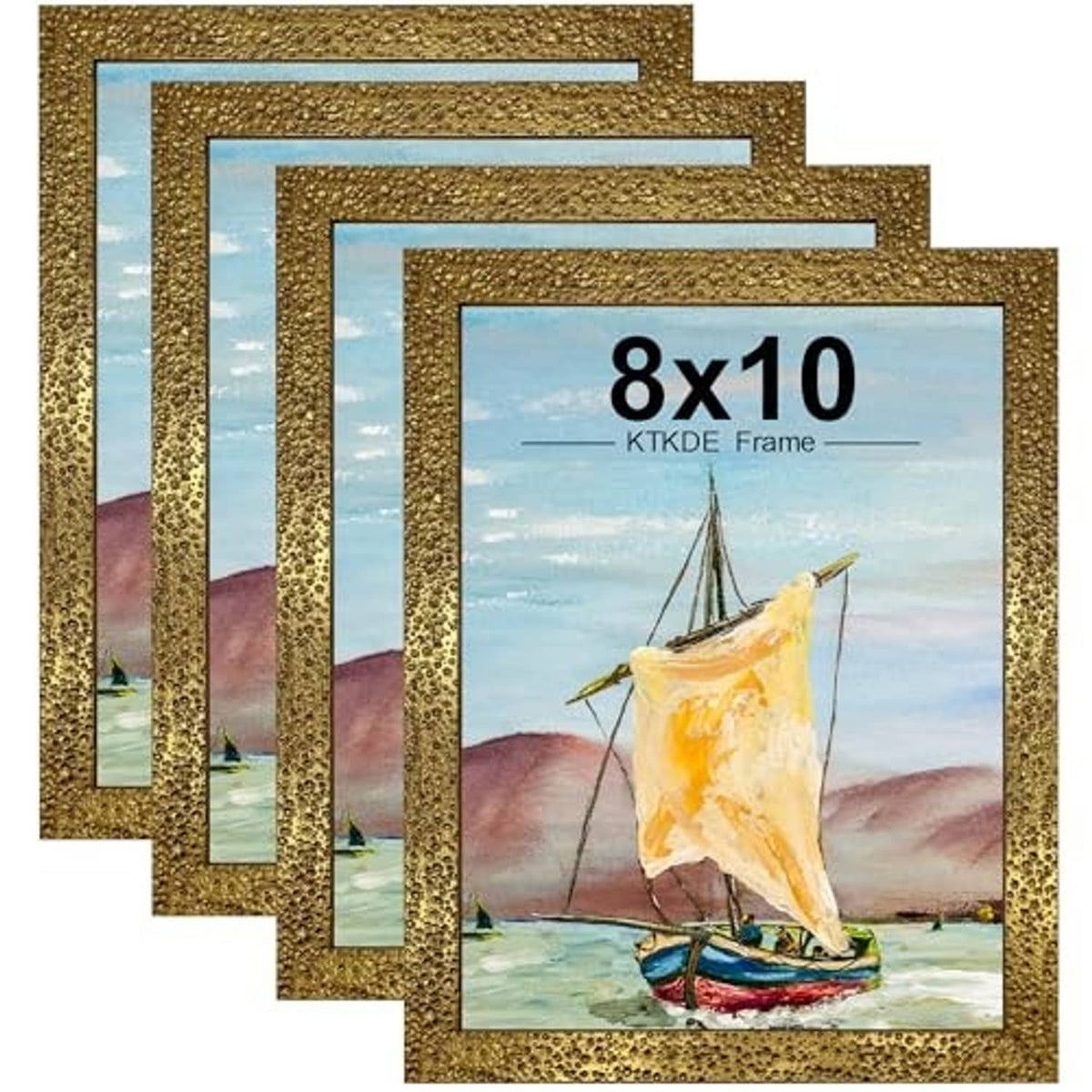 Set of 4 ornate gold 8x10 photo frames with textured borders, stacked view