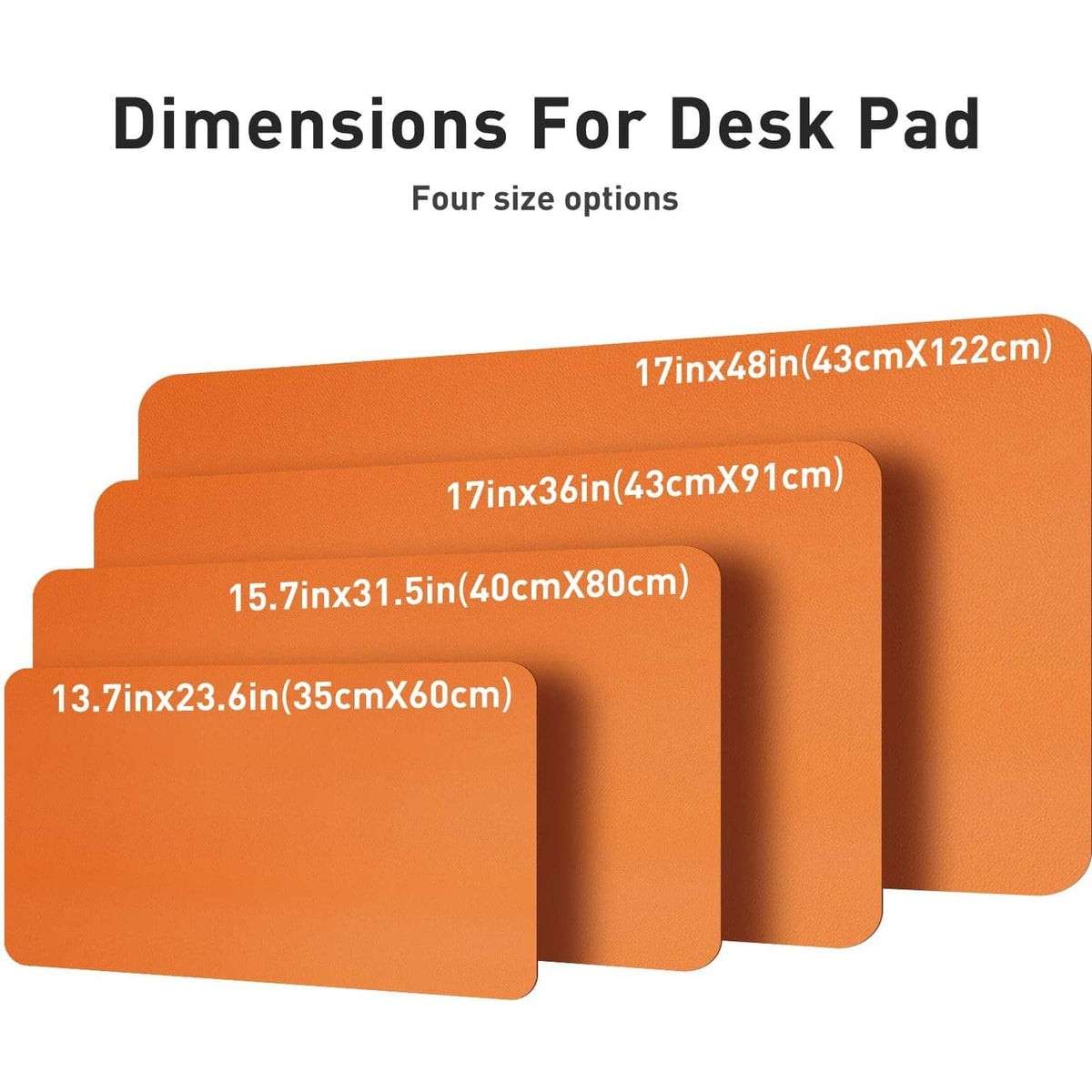 Orange desk pad protector showing overlapping rectangle size options