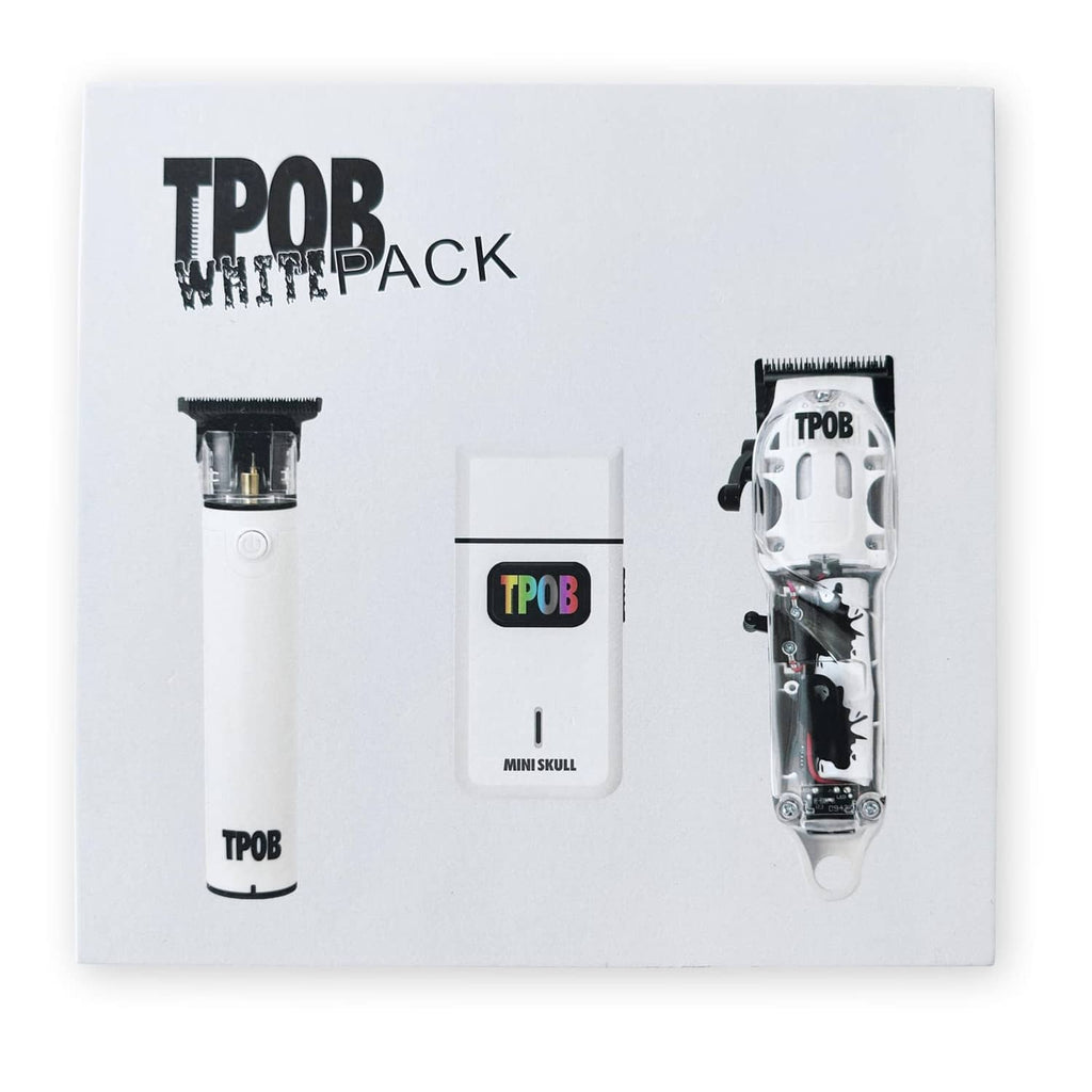 TPOB WhitePack set box with mini skull device, small clipper, and charging base