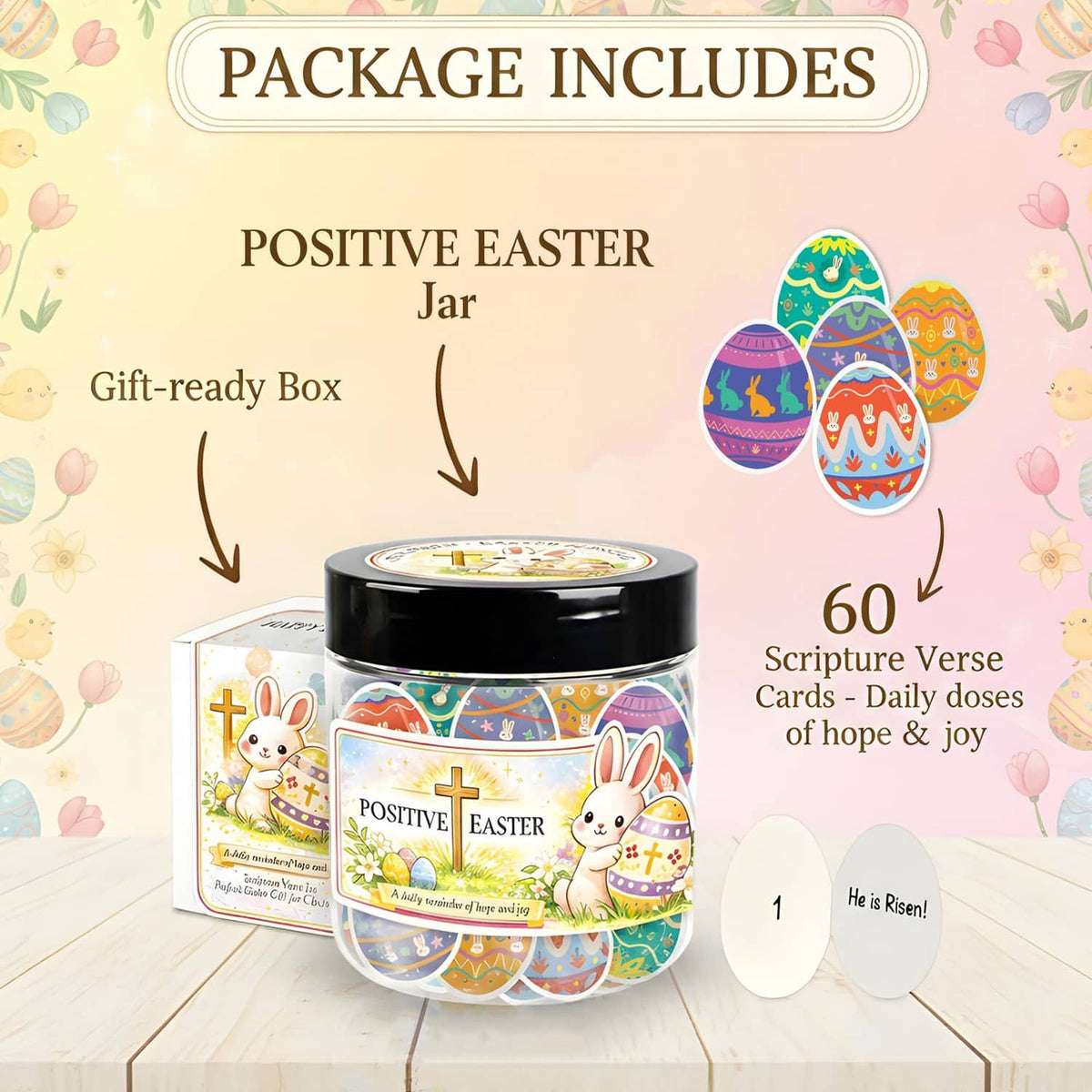 Positive Easter scripture jar with gift-ready box, 60 scripture cards shown