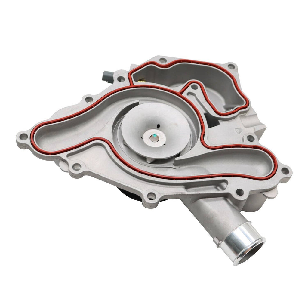 Water pump assembly with sensor, silver housing, red sealing gasket outline, side outlet
