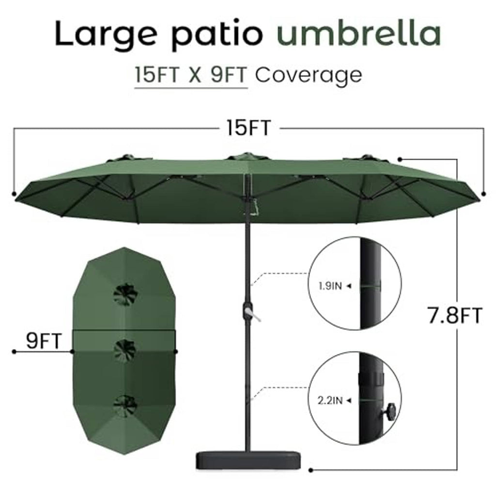 Dark green patio umbrella with central pole and rectangular base shown in diagram