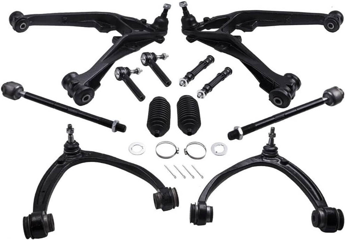 Front suspension control arm kit with two black A-arms, tie rods, ball joints, and boots