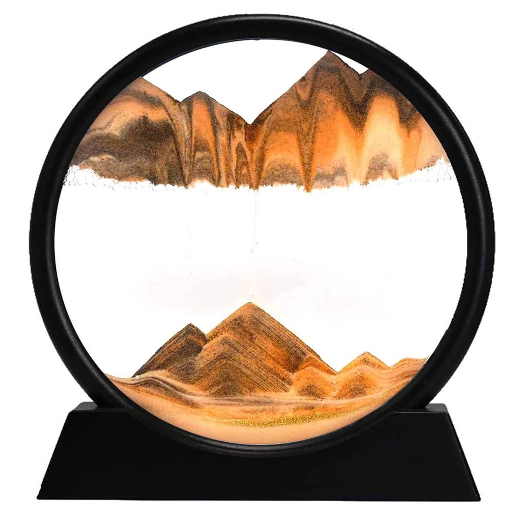 Dynamic sand art sphere with black frame and orange-brown mountains on black stand