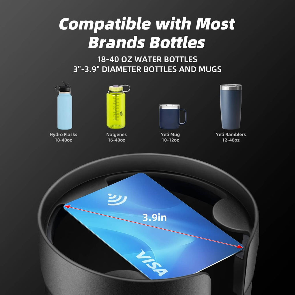 Black expandable cup holder insert holding bottles and handled mugs