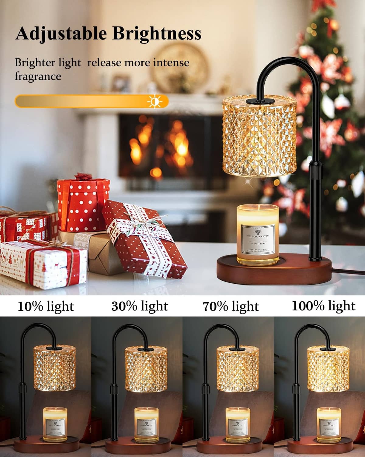 Black candle warmer lamp with diamond glass shade and lit jar candle