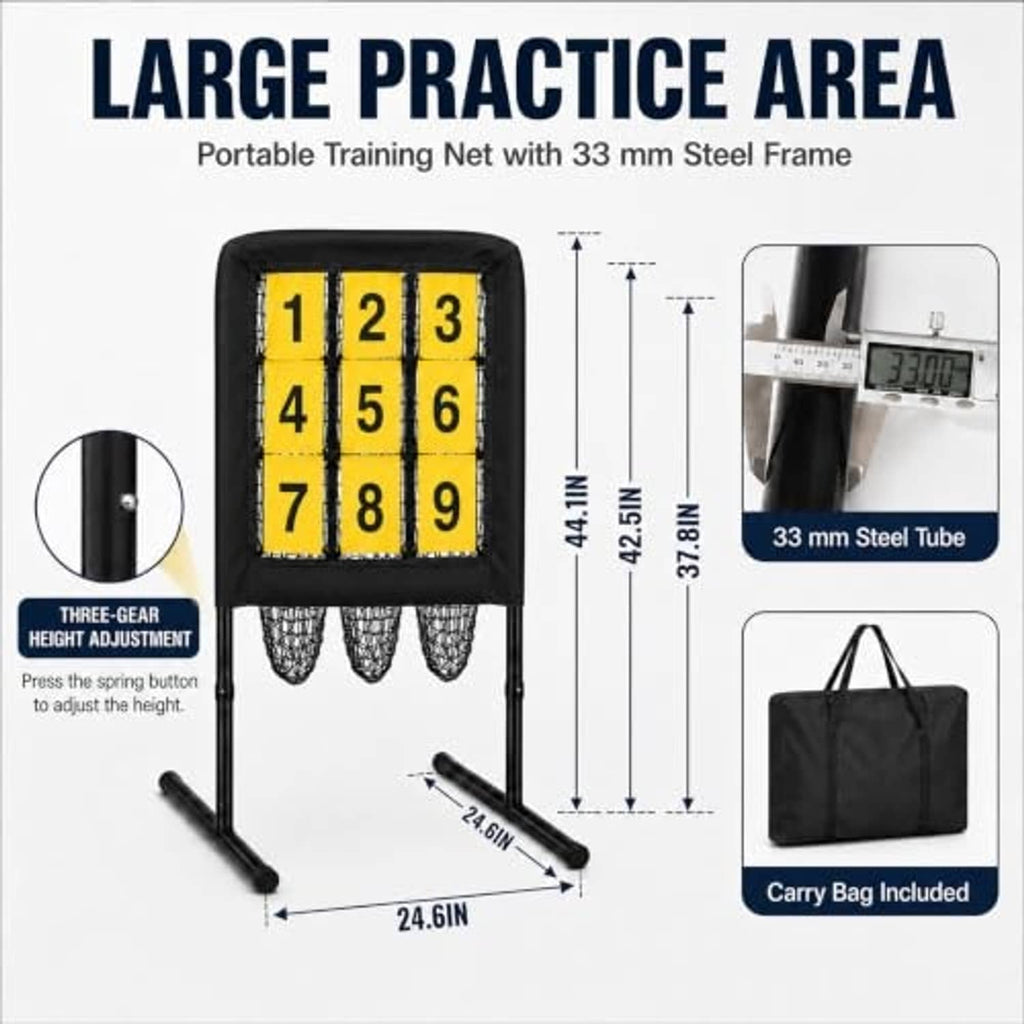 Adjustable portable pitching net with black steel frame and yellow numbered target
