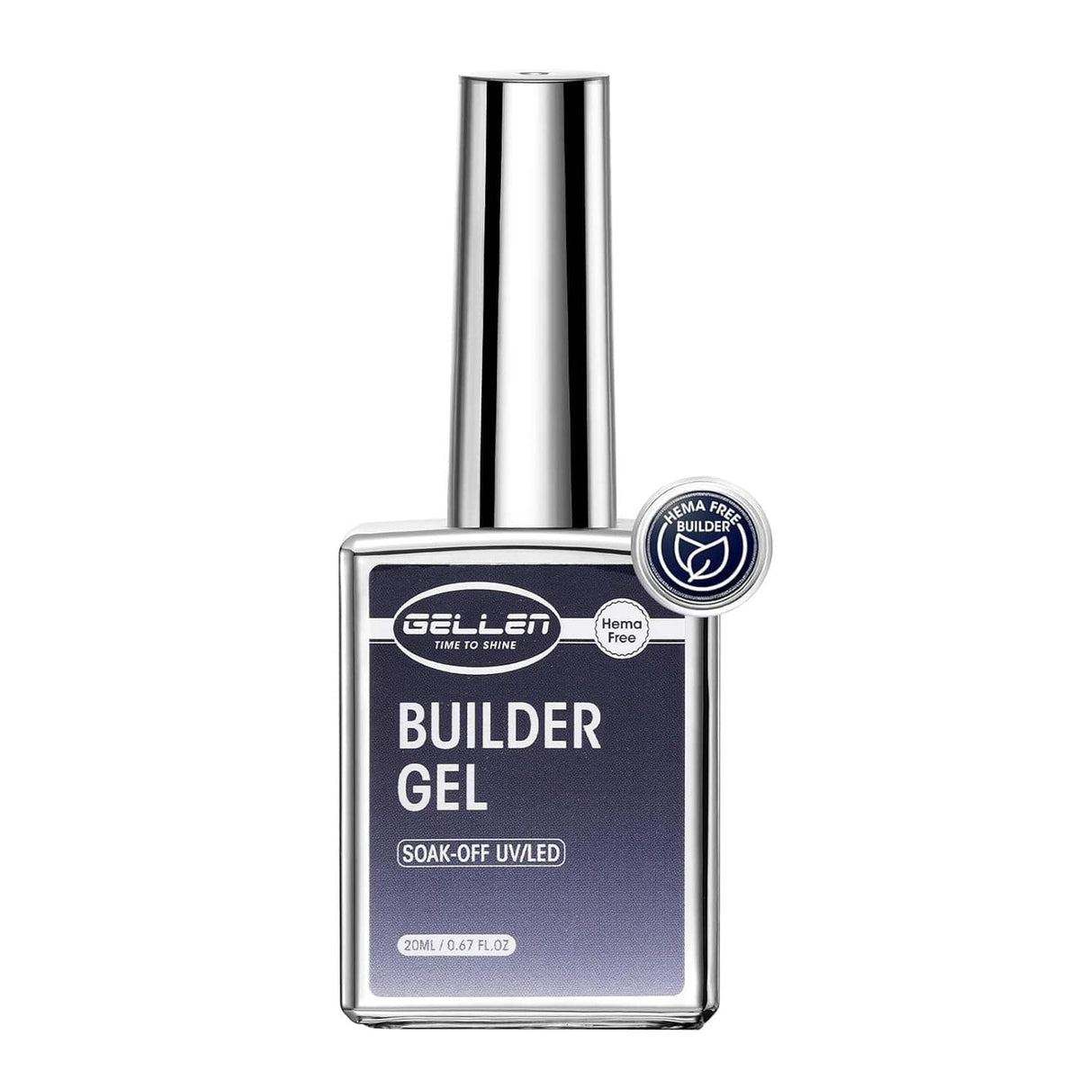Nail builder gel bottle with silver cap; label says Builder Gel, Hema Free