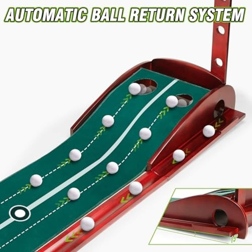 Green indoor putting mat with red return end and raised ball path