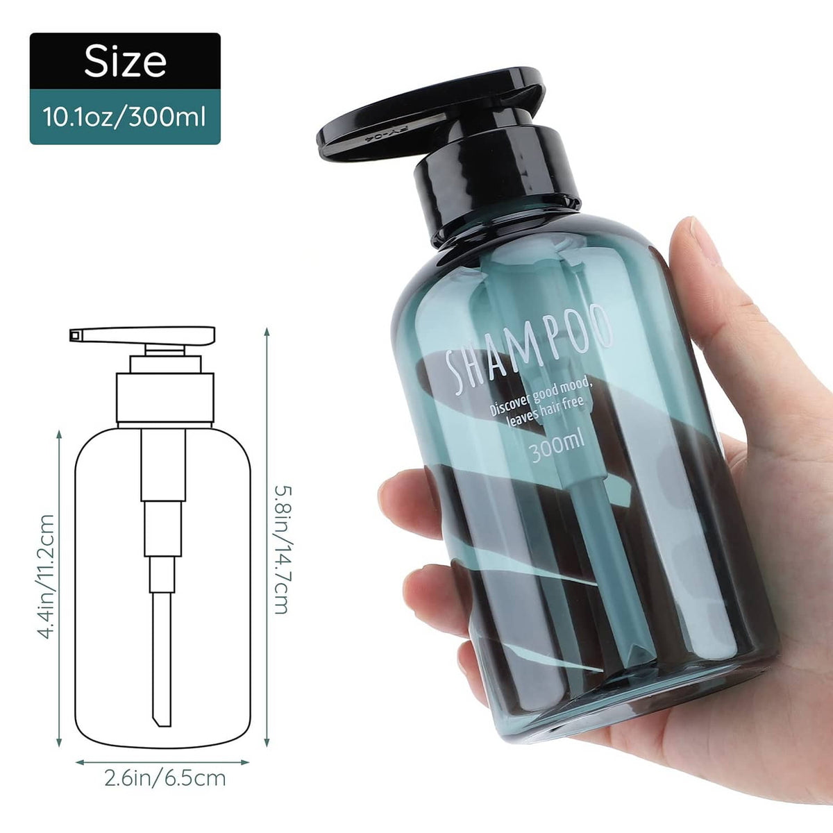 Teal shampoo dispenser bottle with black pump, shown with size label 10.1oz/300ml