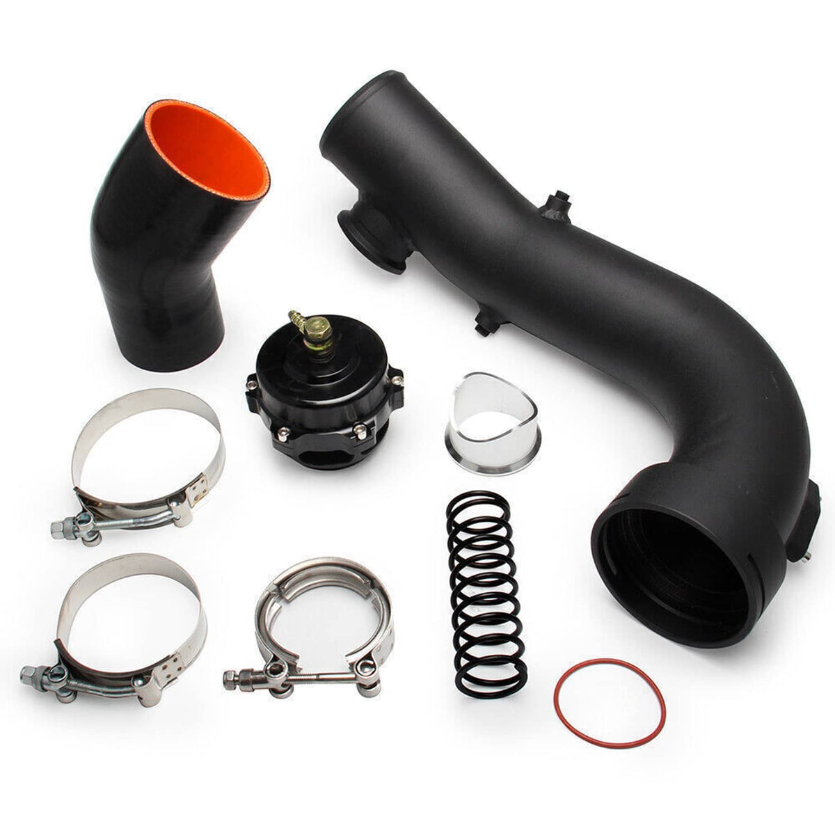 Black silicone intake hoses with orange couplers, BOV valve, spring, and clamp hardware