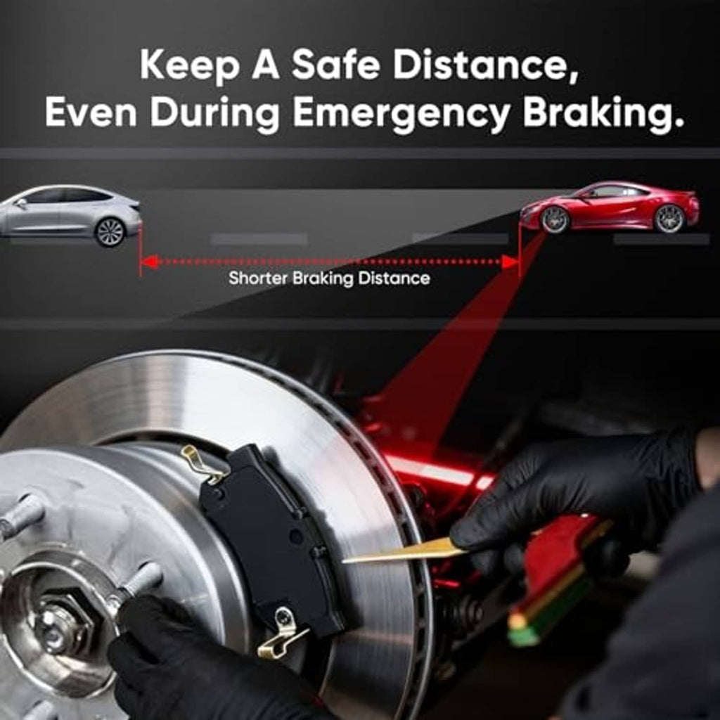 Gloved mechanic inspecting brake rotor with brake pads during emergency braking
