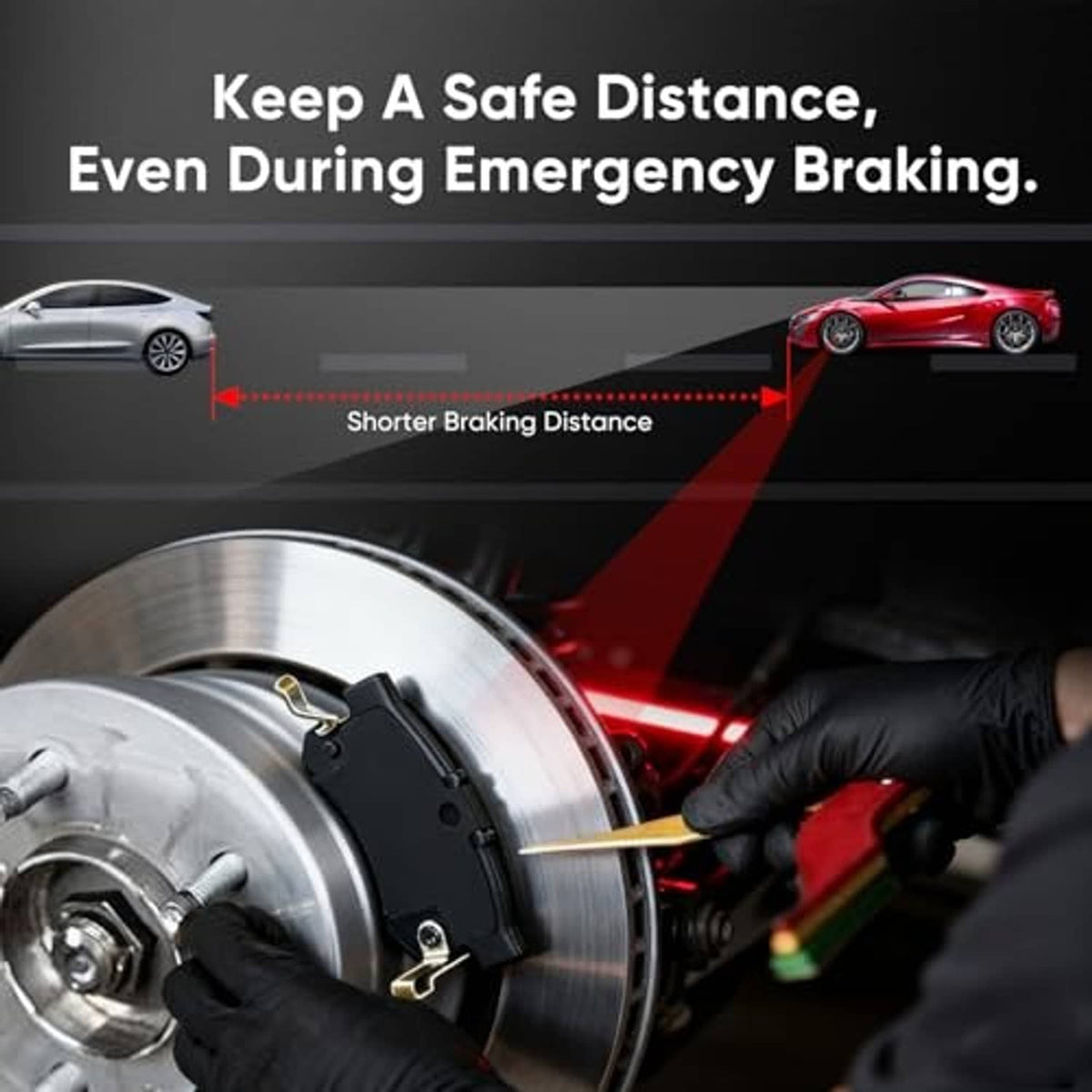 Gloved mechanic inspecting brake rotor with brake pads during emergency braking