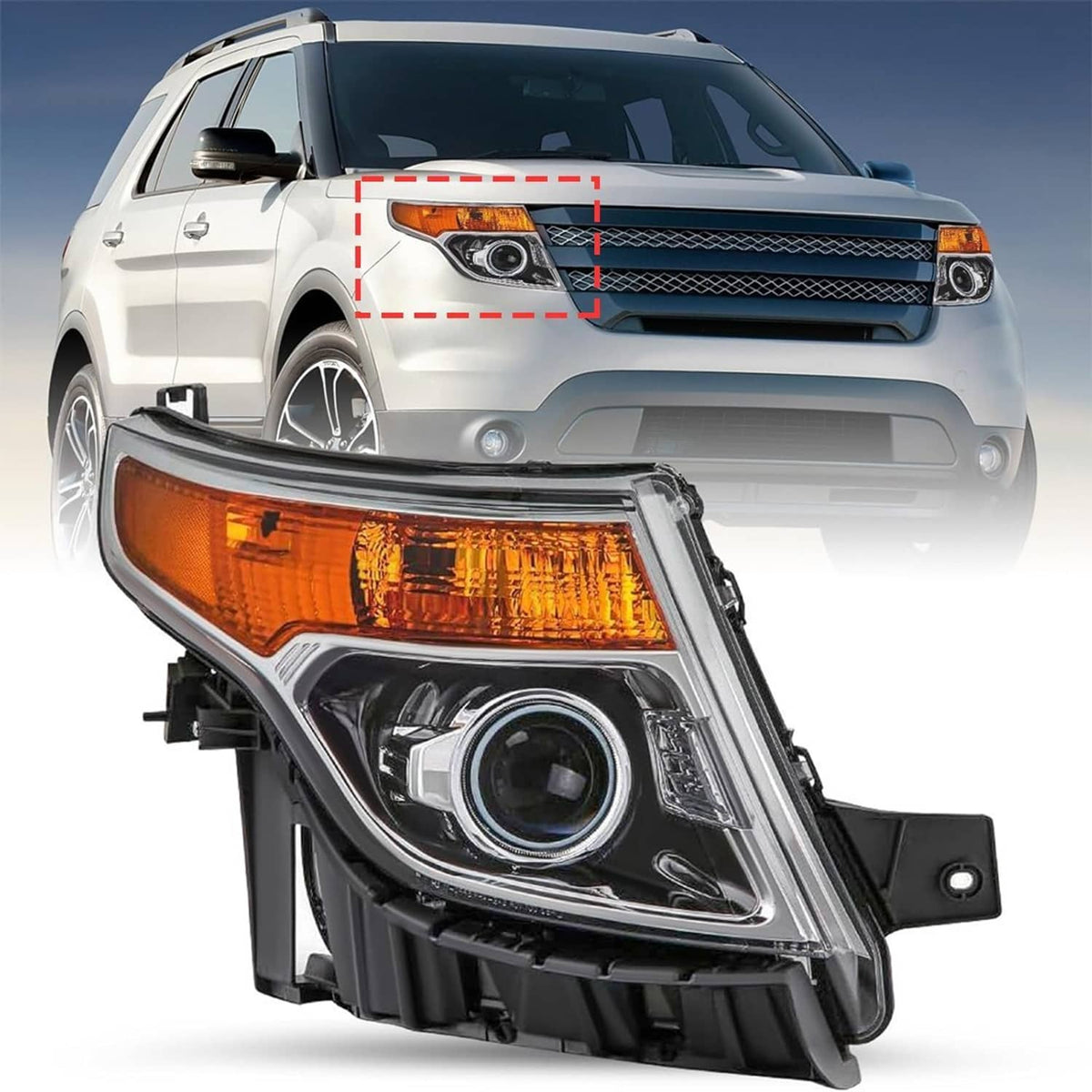Passenger-side halogen headlight with amber turn signal and clear projector lens