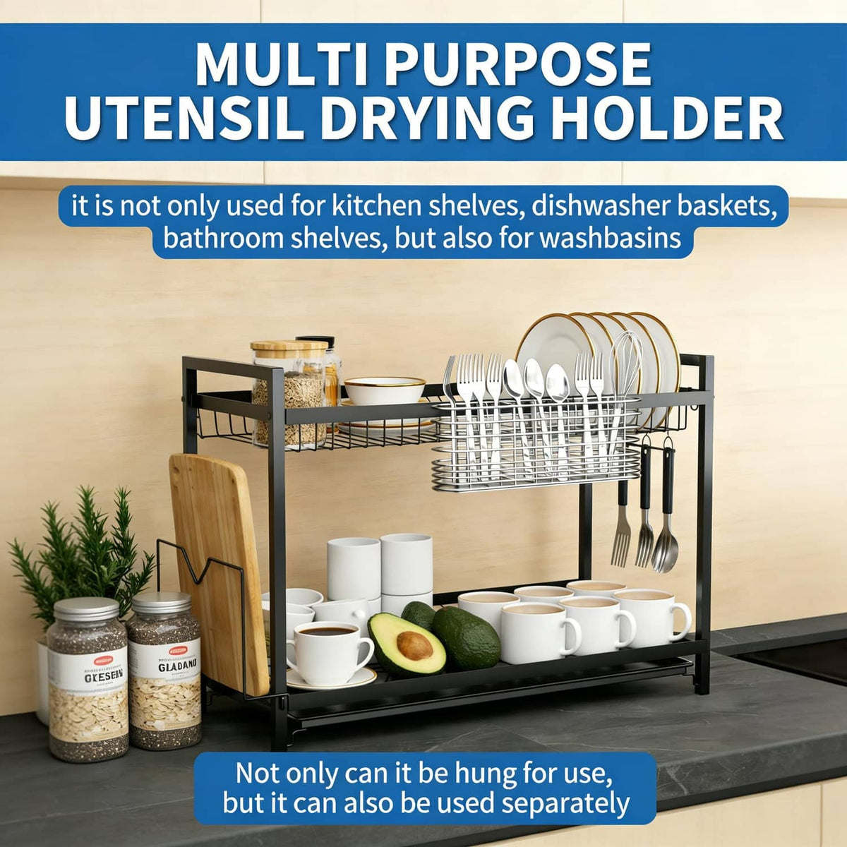 Multi-purpose utensil drain storage rack with hooks and cutlery holders