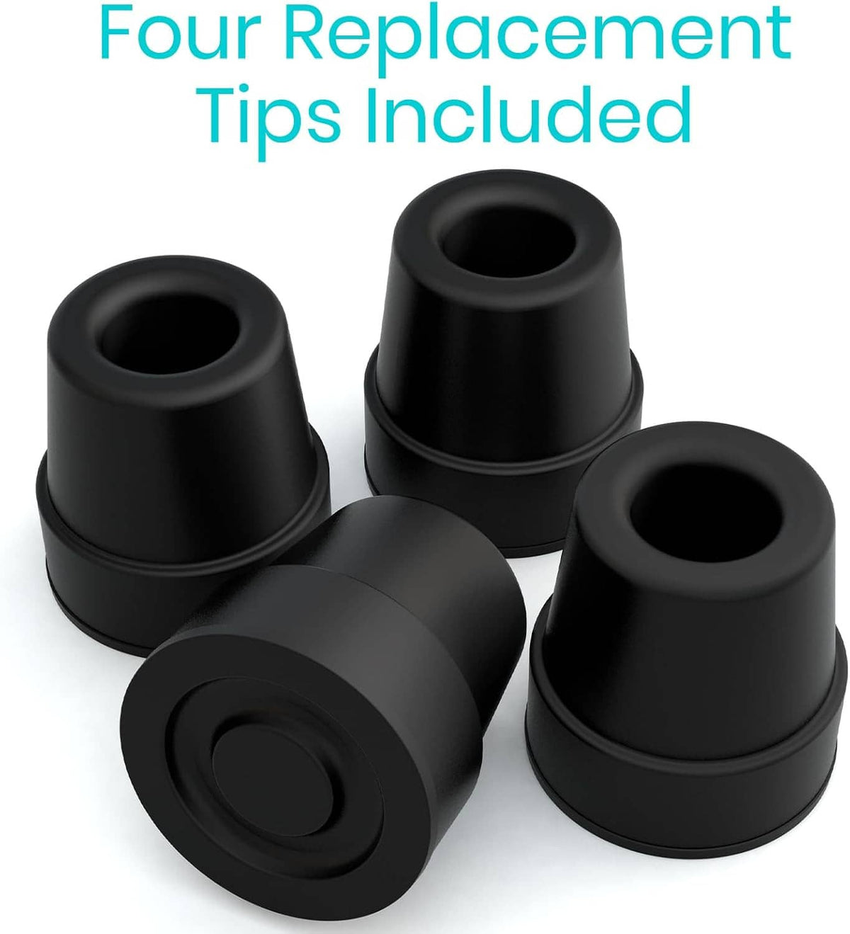 Four black quad cane replacement rubber tips, angled view