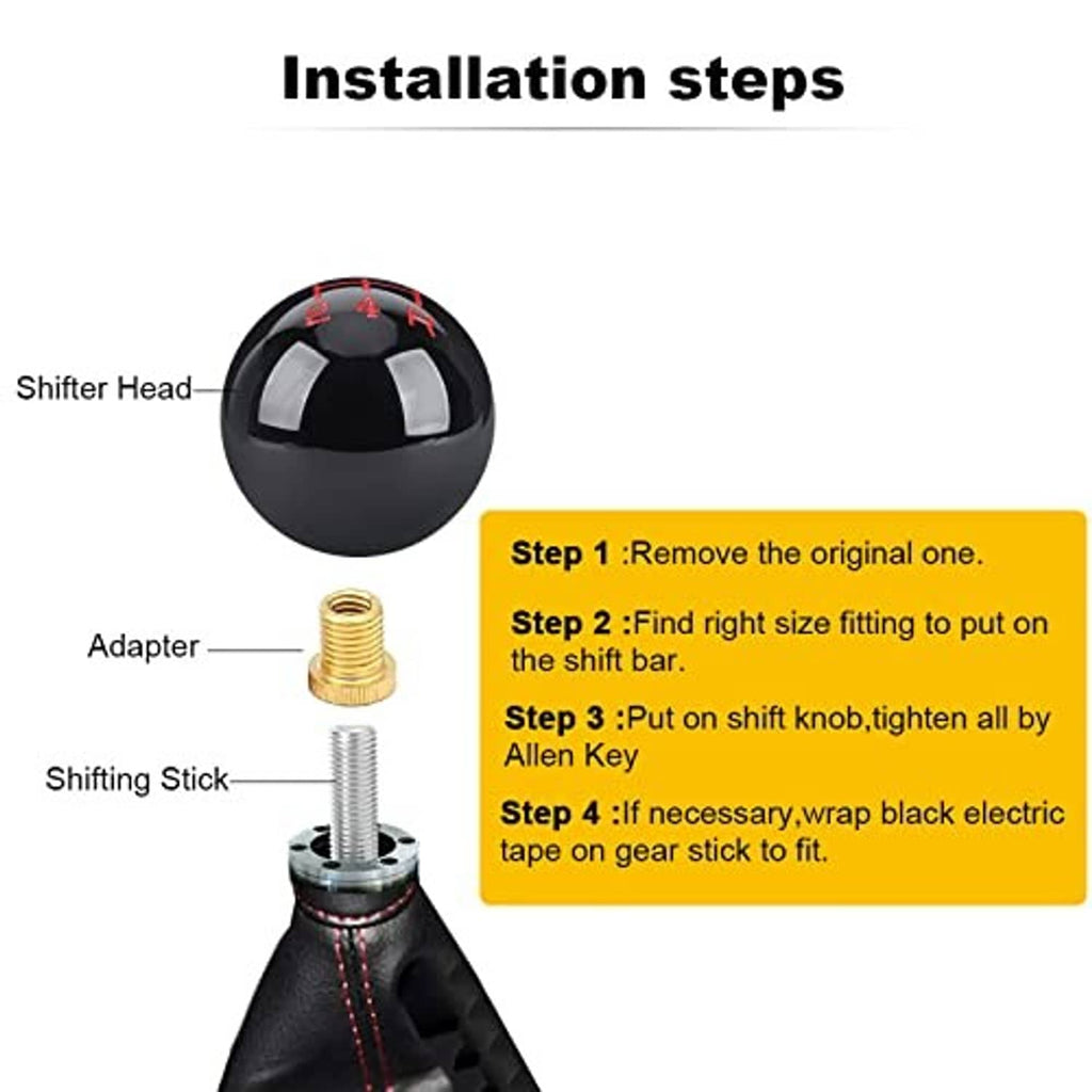 Black 5-speed shift knob with red 1–5 and R markings plus adapter and installation parts