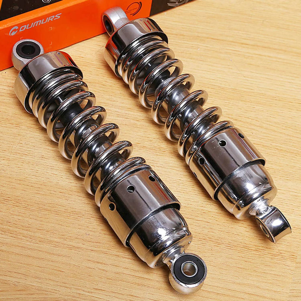 Two chrome rear shock absorbers with black coil springs and bottom mounting eyelets