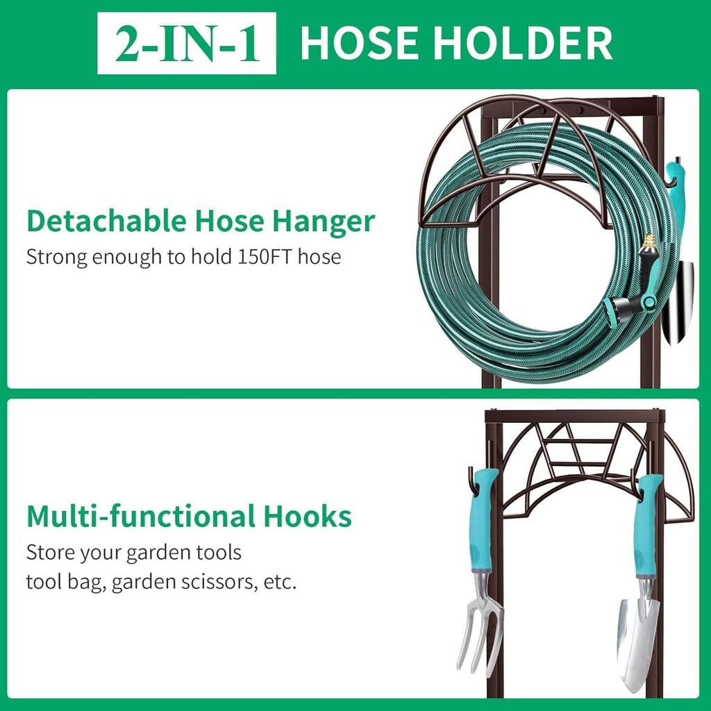 Bronze 2-in-1 hose holder with teal detachable hanger and accessory hooks