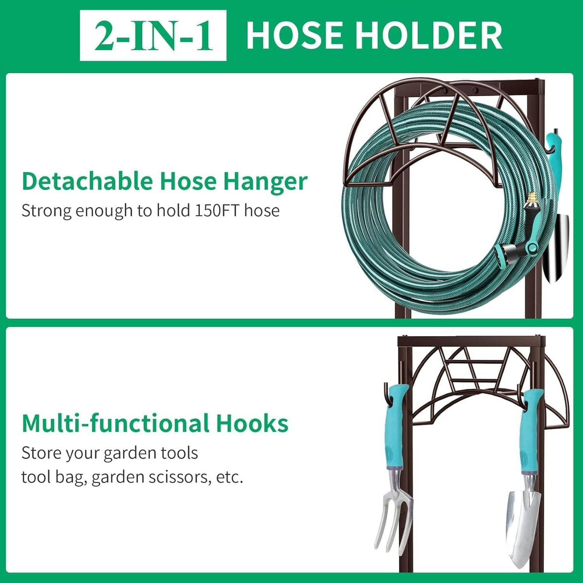 Bronze 2-in-1 hose holder with teal detachable hanger and accessory hooks