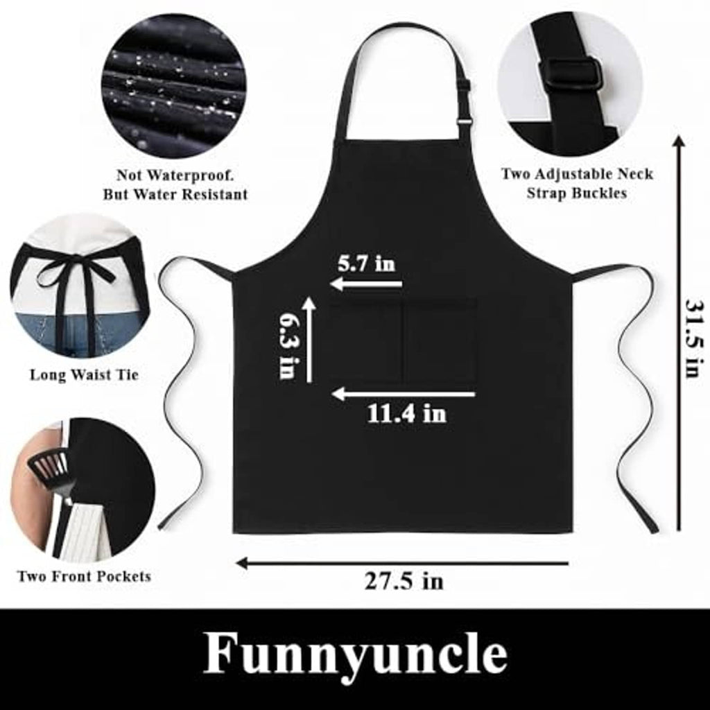 Black apron size chart: adjustable neck strap, front pockets, long waist tie, 27.5 in width