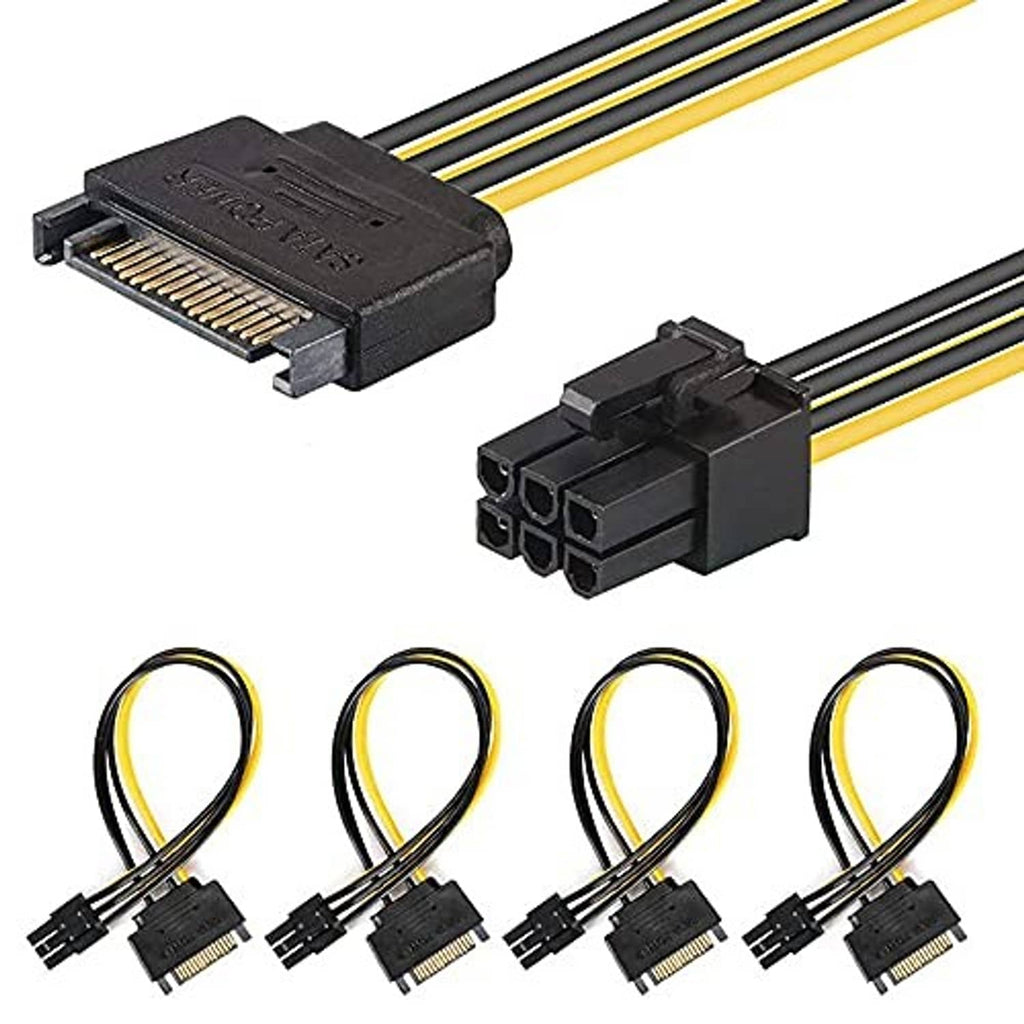 Four-pack SATA 15-pin to 6-pin PCIe power cables, black connectors with yellow-striped wires.