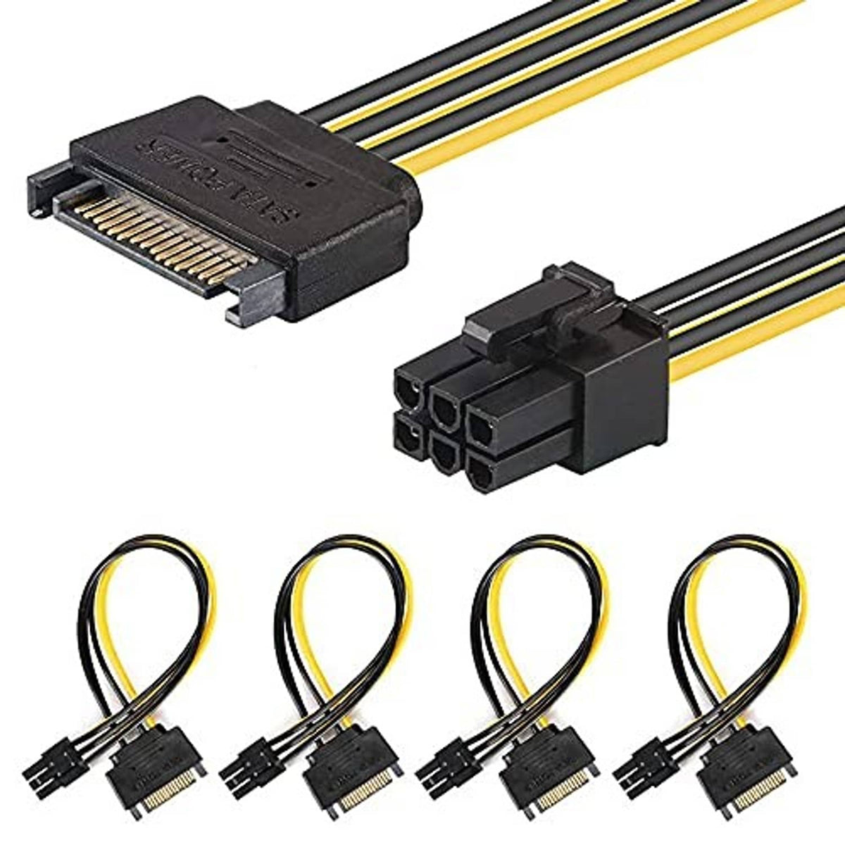 Four-pack SATA 15-pin to 6-pin PCIe power cables, black connectors with yellow-striped wires.