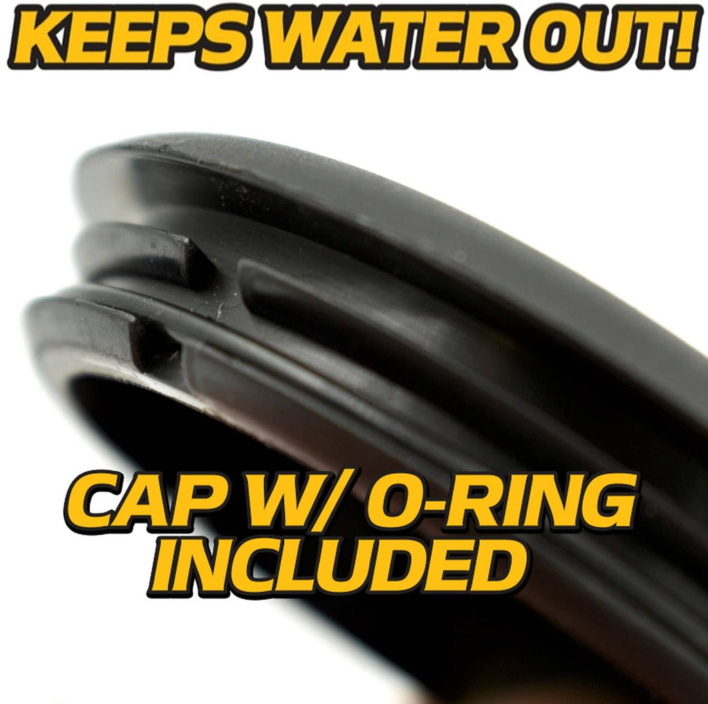 Dark plastic caster fork cap with included O-ring, side view